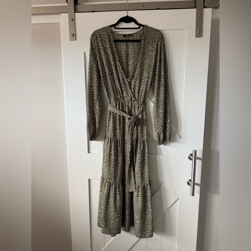 Long Sleeve Wrap Maxi Dress in Olive Dot